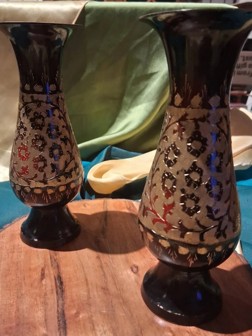 Stunning pair of vintage hand-etched brass bud vases w/ a dramatic black enamel